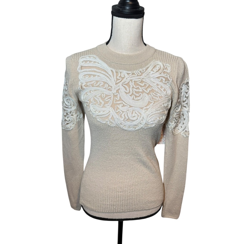NWT Free People Sweater Beige Embellished Pullover Top Silk XS Coquette Romantic